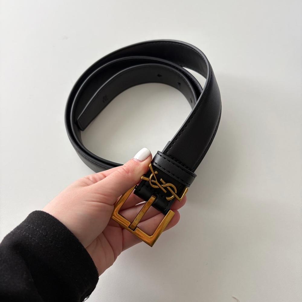 Ysl Black Leather Belt with Gold Buckle 110cm